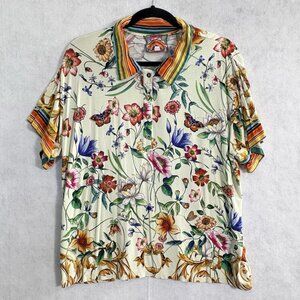 JOHNNY WAS Women Felix Short Sleeve Floral Polo Shirt Sz L Multicolor Golf 50-5